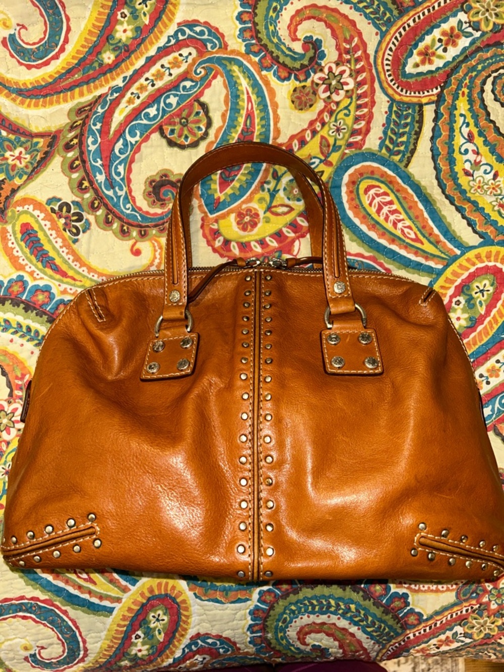 Michael Kors Rare Astor Leather Studded Satchel in Color Luggage